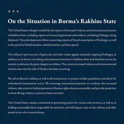 US expresses deep concern over situation in Arakan State